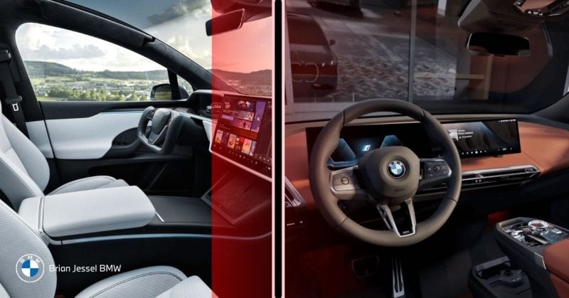 Comparison of BMW iX and Tesla Model X interiors, highlighting design, tech, and comfort features.
