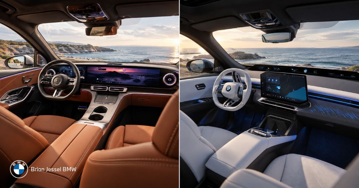Mercedes GLC EV and BMW iX3 luxury interiors showcasing advanced dashboards and displays overlooking the ocean.