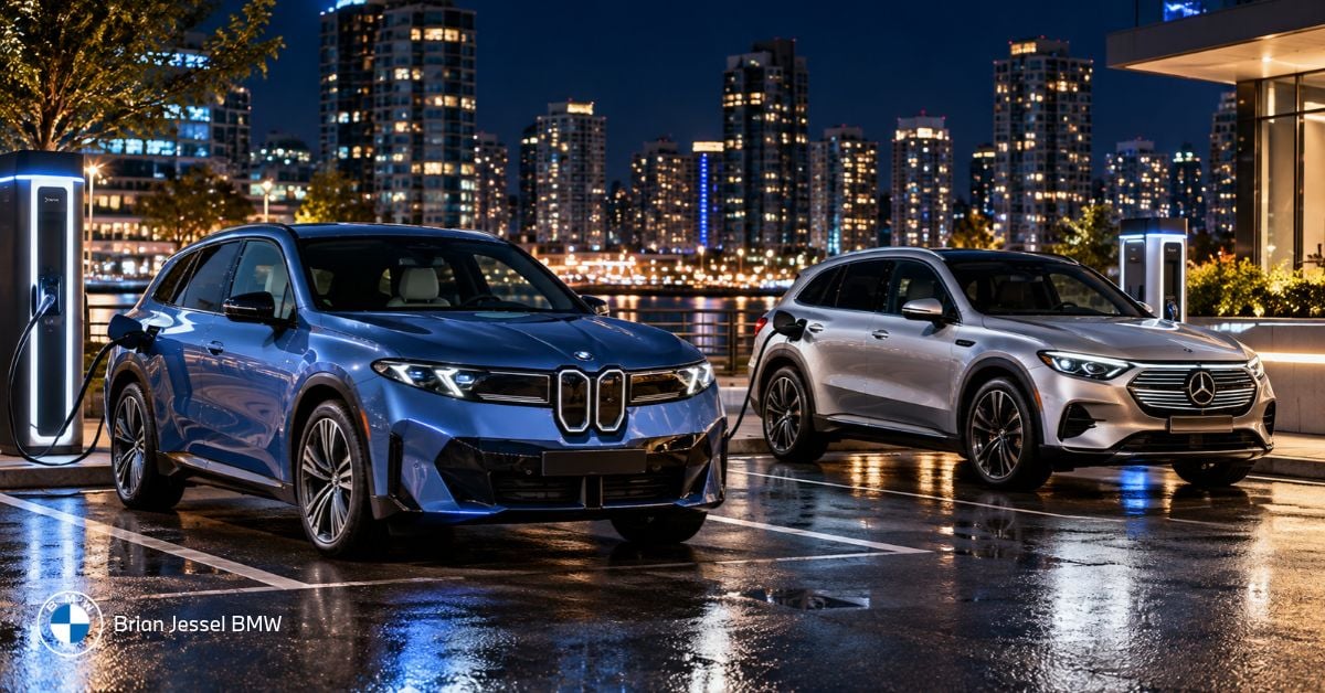 Blue BMW iX3 and silver Mercedes GLC EV charging overnight in a downtown city setting.