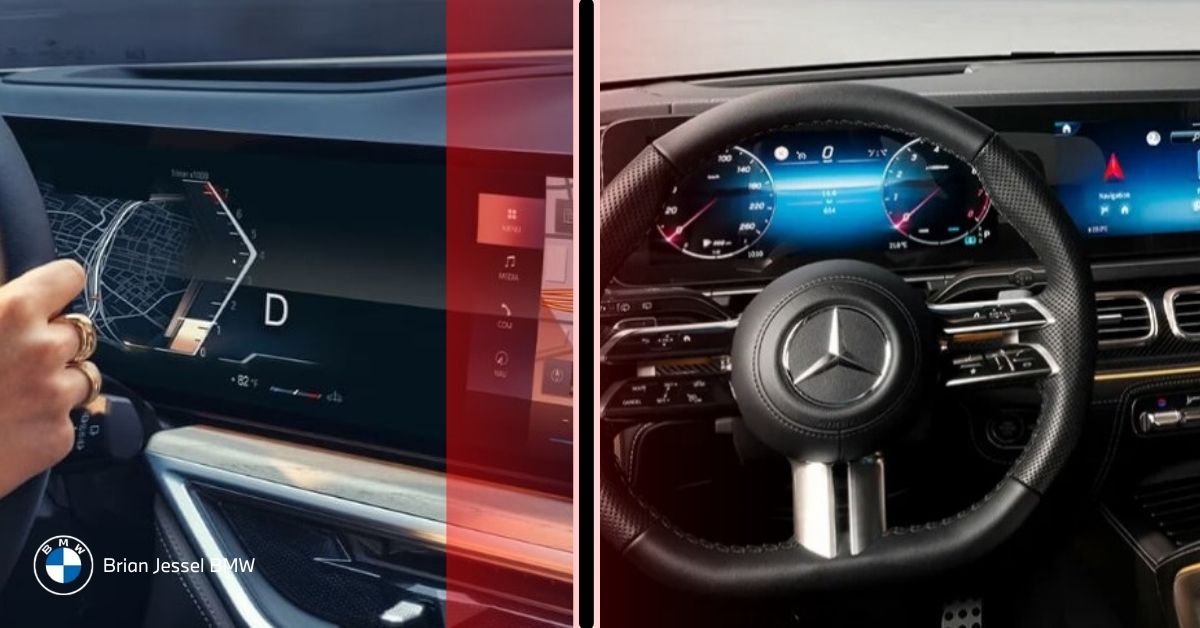 The image displays the interior dashboard and the curved display screen of a BMW X7 and a 2024 Mercedes GLS