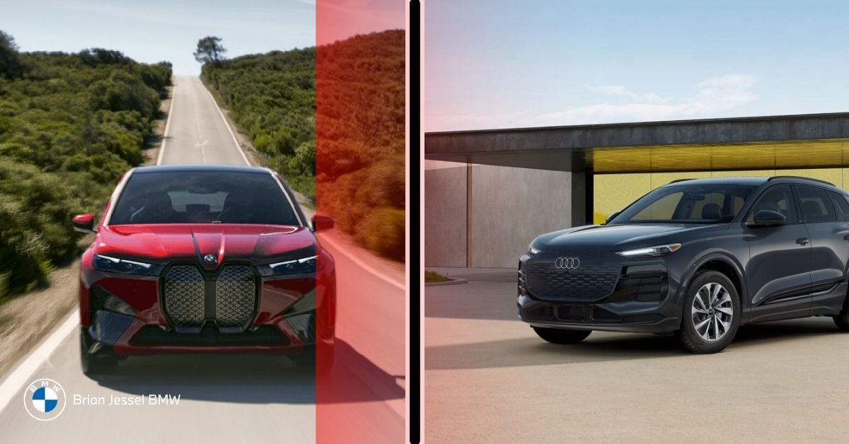 Side-by-side comparison of the BMW iX and Audi Q6 e-tron, showcasing their sleek, modern designs