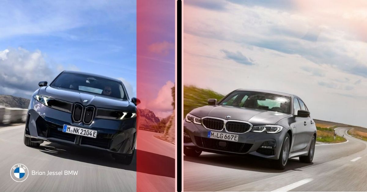 BMW electric and hybrid cars driving side by side, illustrating environmental impact and eco-friendly performance differences