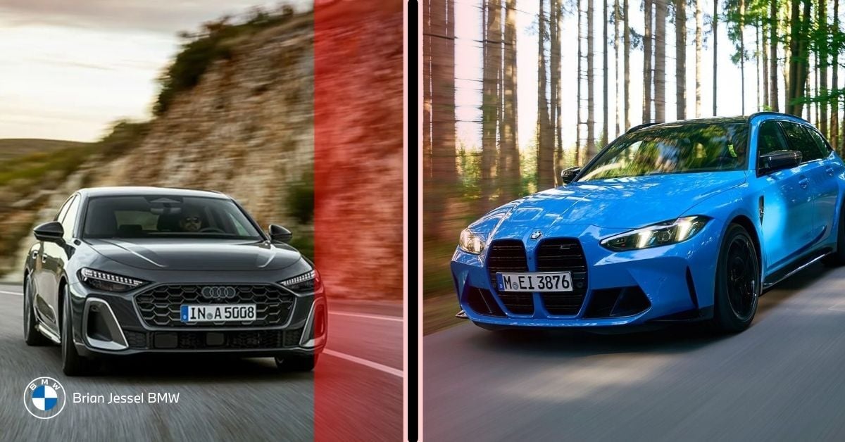 image of a grey Audi and blue BMW sedan driving on scenic, winding roads