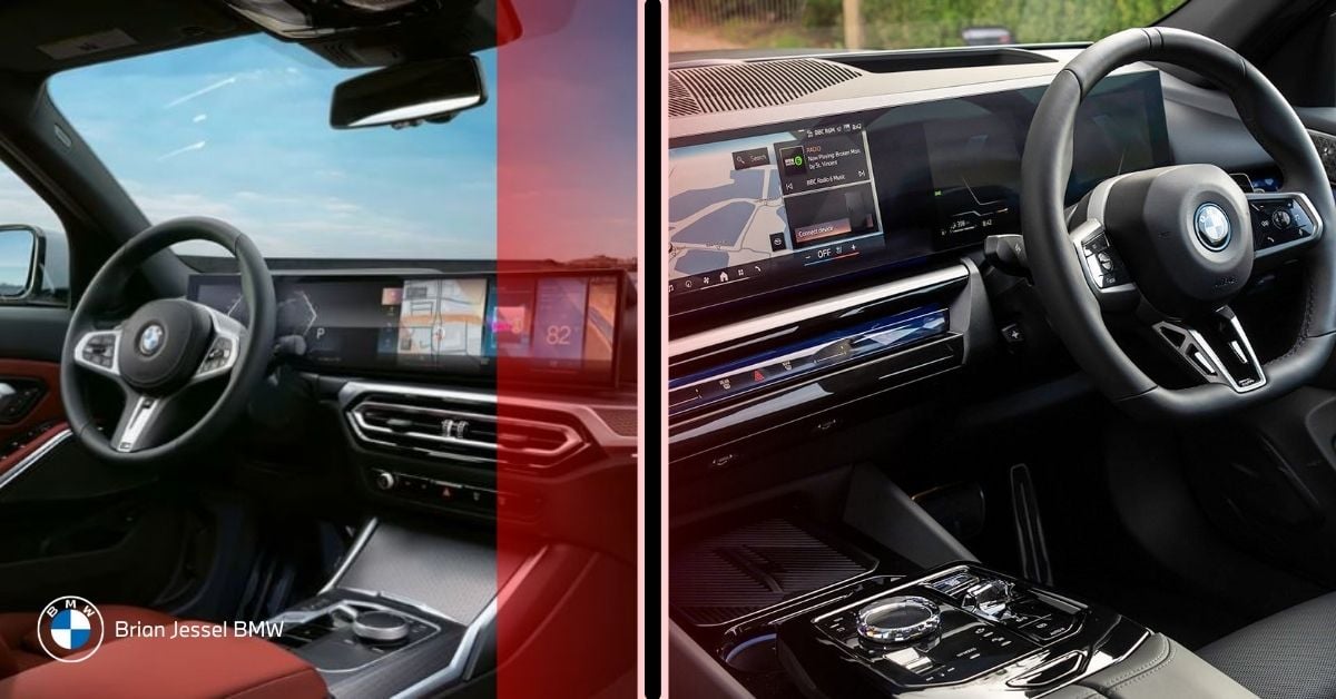 Split-view interior comparison of BMW 3 Series and 5 Series dashboards featuring advanced digital displays