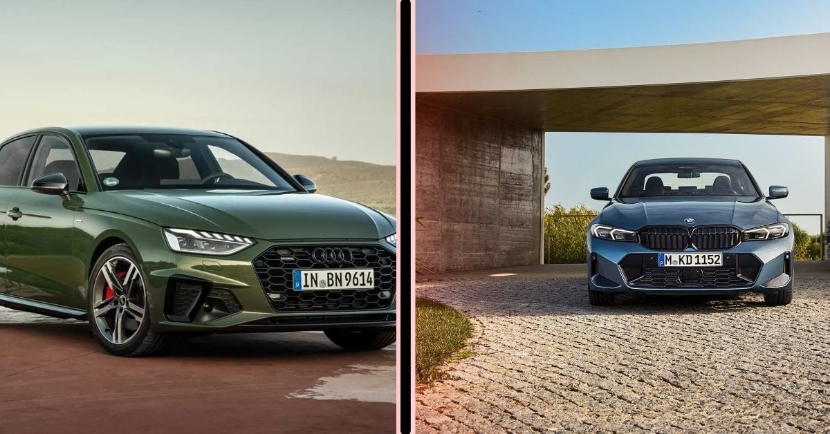 Side-by-side comparison of a green Audi and a blue BMW parked in modern, minimalist settings
