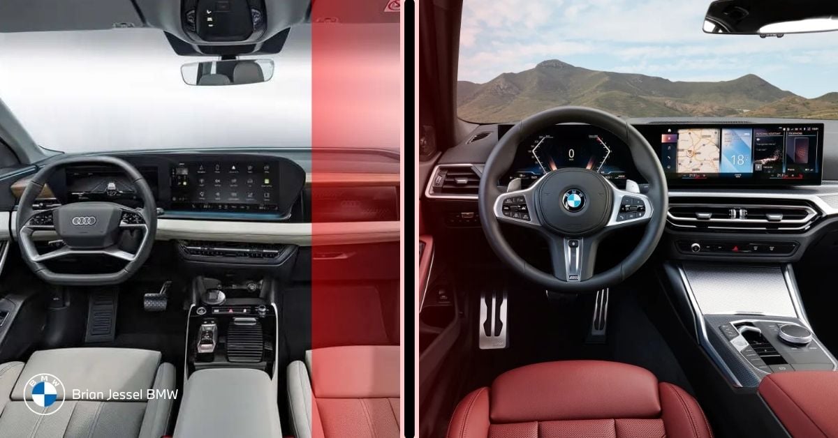 Side-by-side interior comparison of Audi A4 and BMW 3 Series compact luxury sedans dashboard views