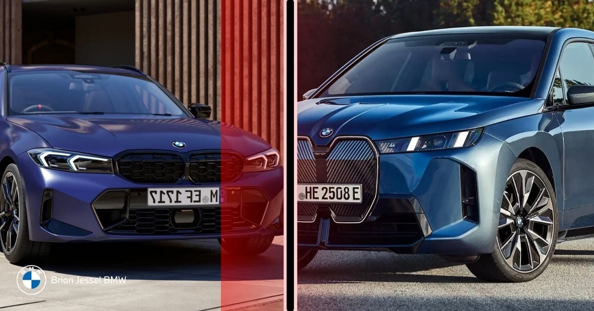 Side-by-side comparison of a purple BMW 3 Series and a blue BMW iX electric SUV.