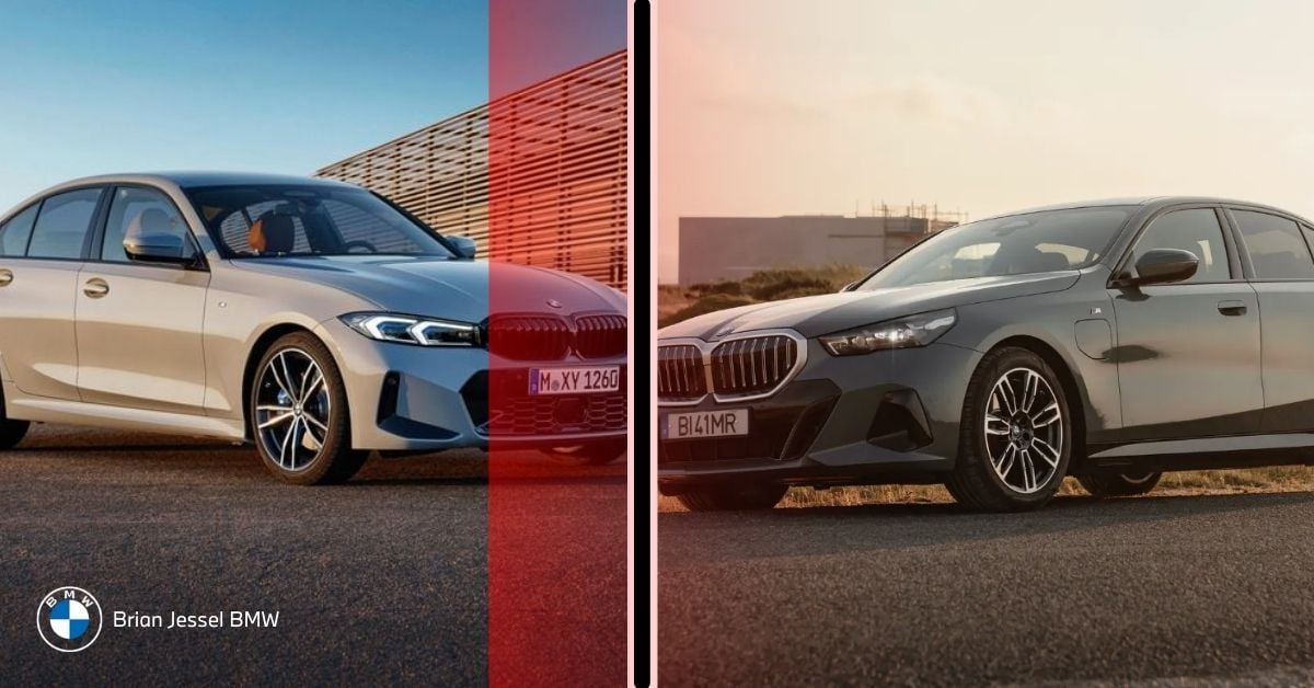 Exterior views comparing the sleek BMW 3 Series and the larger, executive-level BMW 5 Series.