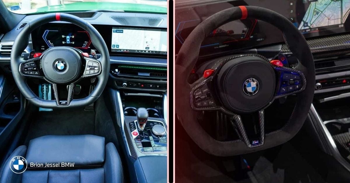 Side by side BMW M3 and M4 interiors showing steering wheels, curved display, iDrive system, and controls