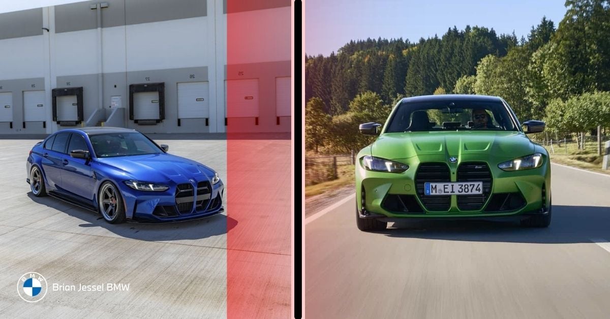 Side by side blue BMW M3 sedan parked and green BMW M4 coupe driving on scenic road