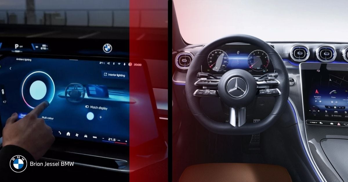 Split-screen comparison: BMW iDrive touchscreen with hand interaction versus Mercedes MBUX dashboard and steering wheel.