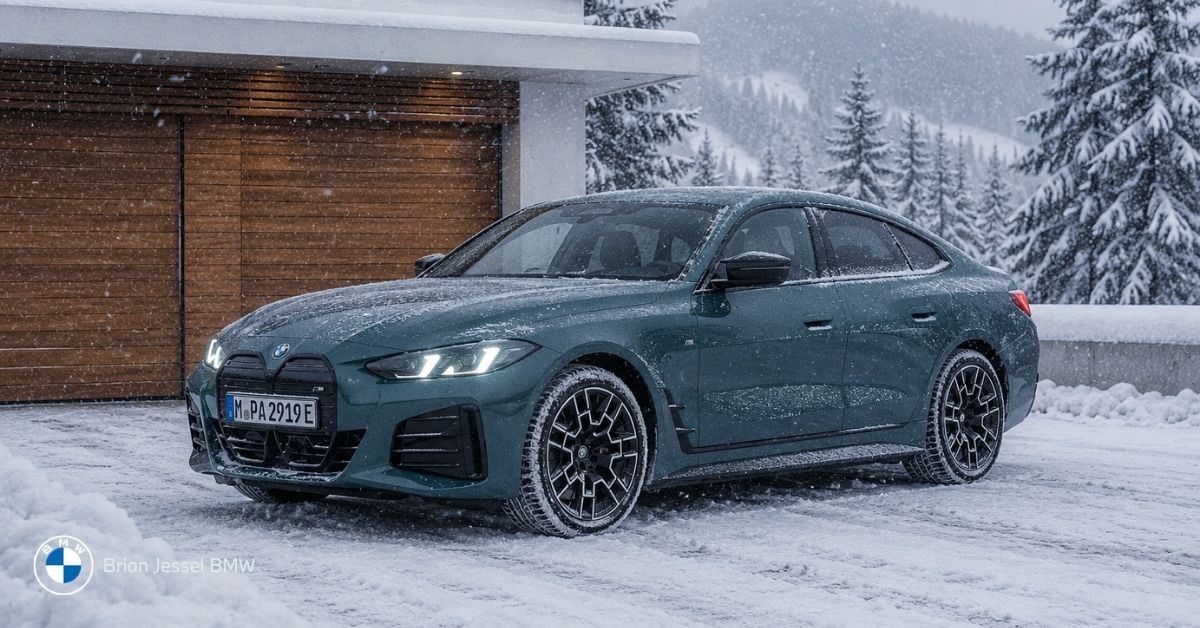 BMW i4 parked in snowy Canadian landscape, highlighting winter EV range expectations, cold-weather efficiency, and electric driving performance.