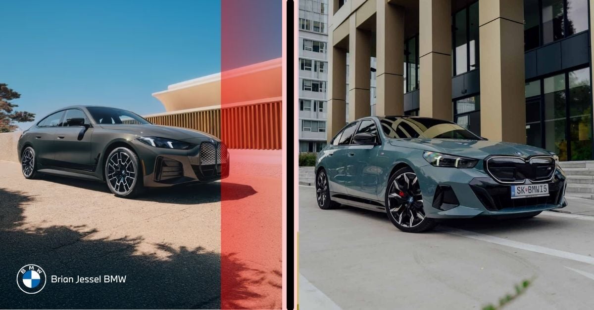 Split view of BMW i4 and i5 exterior designs showing size difference, styling, and sedan versus Gran Coupe body shape