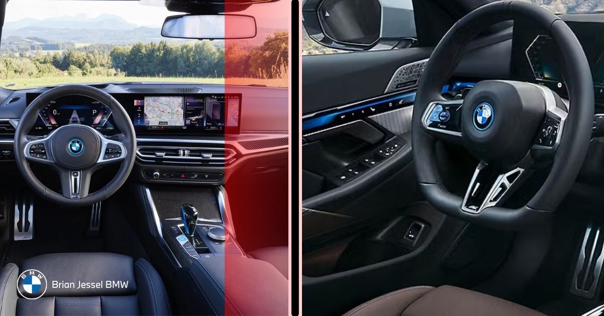 Split view of BMW i4 and i5 interiors showing curved display, steering wheel, technology and cabin design