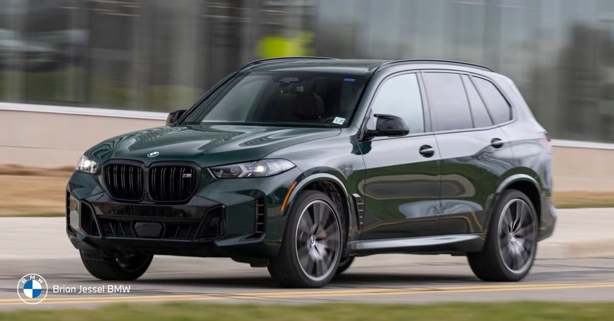 BMW X5 SUV driving on road, showing elevated stance, spacious design, and strong presence suited for client-focused real estate use