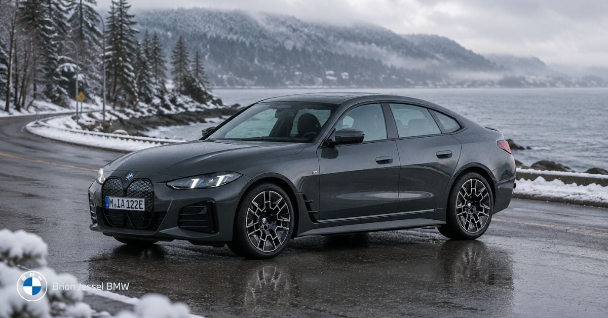 BMW i4 beside snowy coastal highway in winter, illustrating cold-weather EV efficiency and reduced driving range performance.