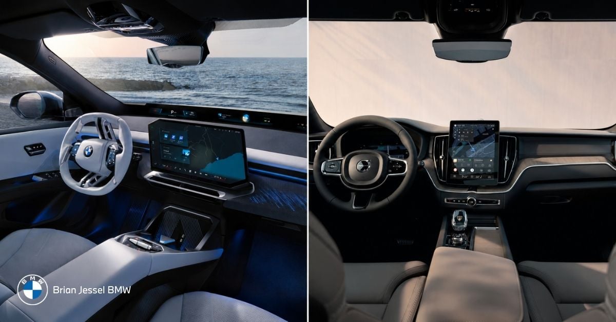comparison of BMW iX3 driver-focused panoramic cockpit and Volvo EX60 minimalist Scandinavian interior design.