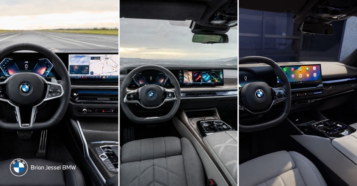 BMW cockpit collage featuring modern digital dashboards, steering wheels, navigation screens, and thin white dividers.