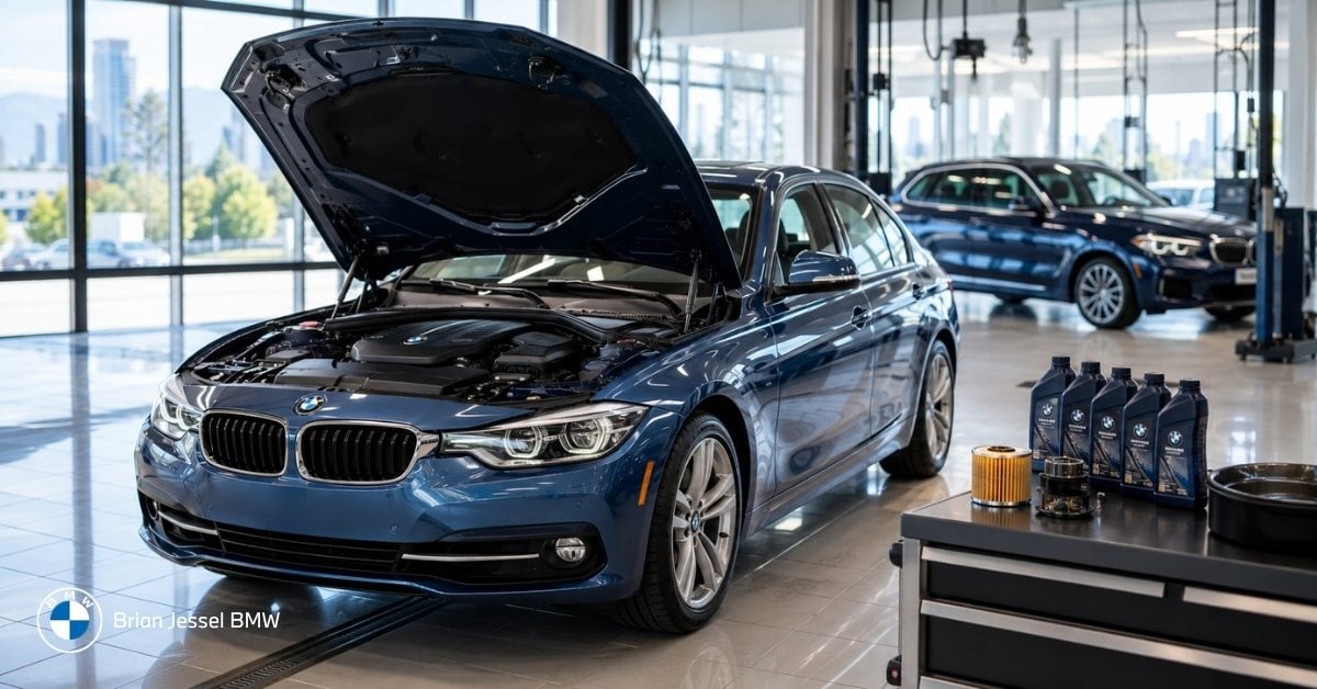 Blue BMW sedan with open hood in service bay, showing oil bottles, filter and drain pan for popular model service.