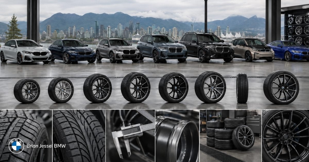 BMW showroom displays multiple models, tire sizes, wheel options, tread patterns, and Vancouver mountain backdrop.