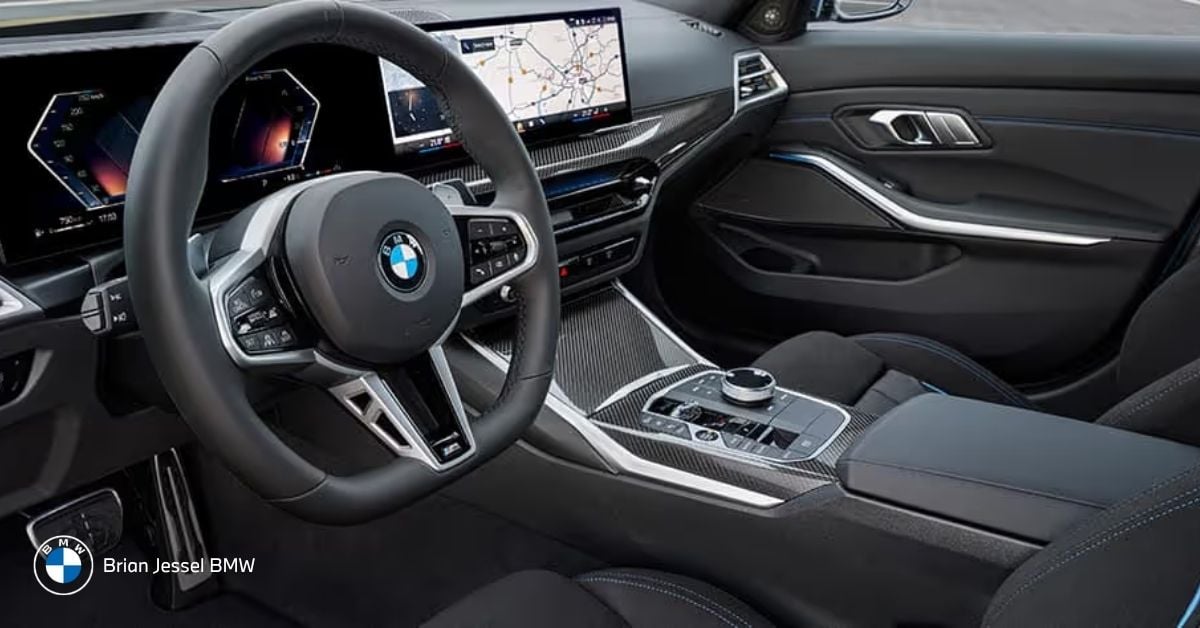Modern BMW 3 Series cockpit featuring curved dual digital displays, sporty steering wheel, and premium carbon fiber interior.