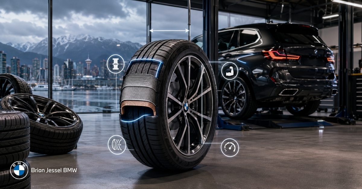 BMW tire fitment visualization with labeled indicators, luxury service bay, Vancouver skyline, mountains, and mounted SUV.