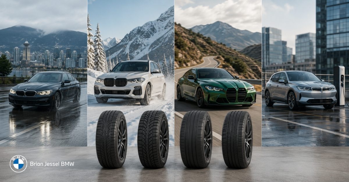 BMW vehicles and tire options shown across rain, snow, performance, and electric driving scenes.