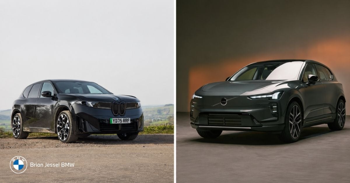 Side-by-side comparison of black BMW iX3 on a scenic road and dark green Volvo EX60 in studio setting.