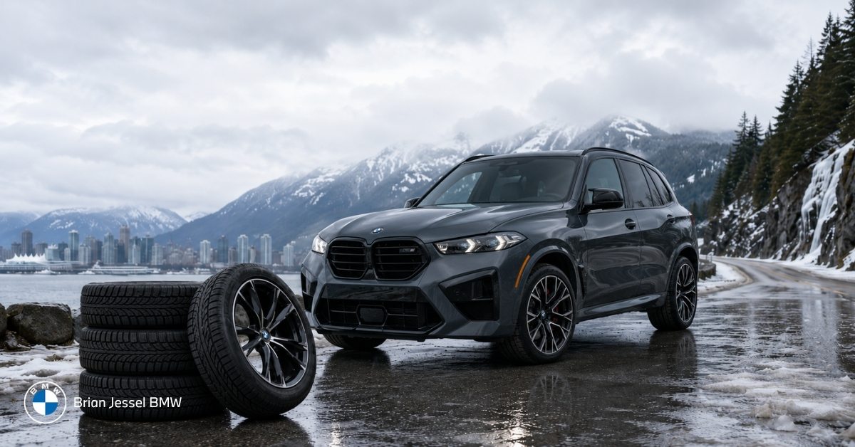 BMW SUV with winter tires on wet snowy Vancouver mountain road, city skyline visible in background.