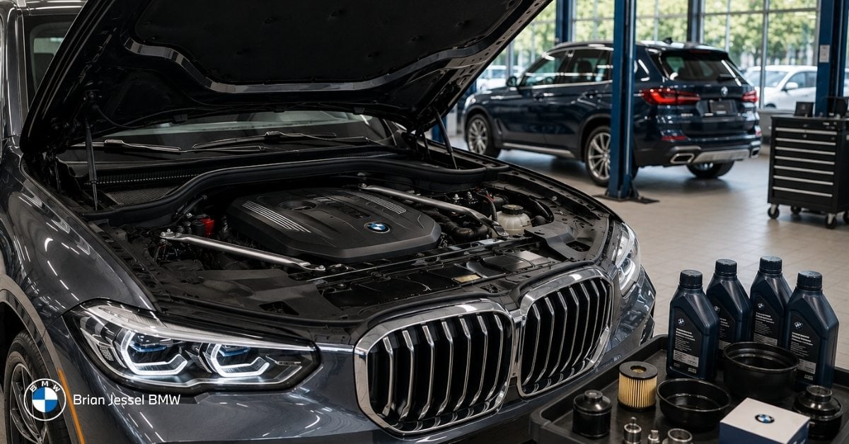 BMW SUV with hood open in service bay, engine exposed alongside fresh oil, filter and service items ready for oil change.