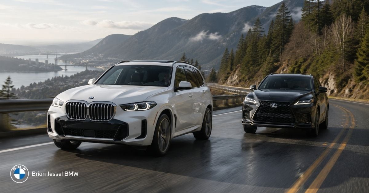 White BMW X5 and black Lexus RX driving on a scenic mountain road beside a misty lake landscape.