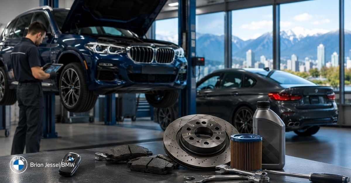 Mechanic inspecting blue BMW SUV on hoist beside service parts like brake rotors pads oil filter and tools.