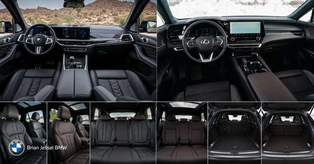 BMW X5 and Lexus RX interior views comparing dashboards front seats rear seating and cargo areas