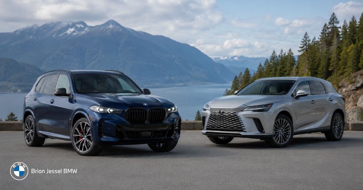 Blue BMW X5 and silver Lexus RX parked side by side on scenic mountain road.