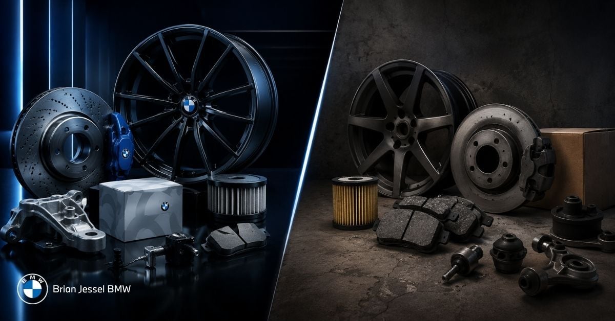 Split image comparing polished BMW parts with worn aftermarket components, showing quality, fitment, and long-term reliability differences.