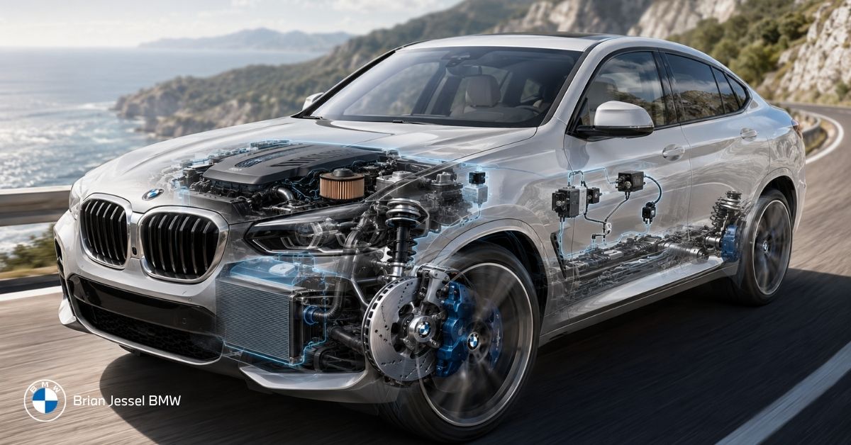 BMW driving safely in rainy conditions with visible brake, suspension, engine, and electronic systems working together.