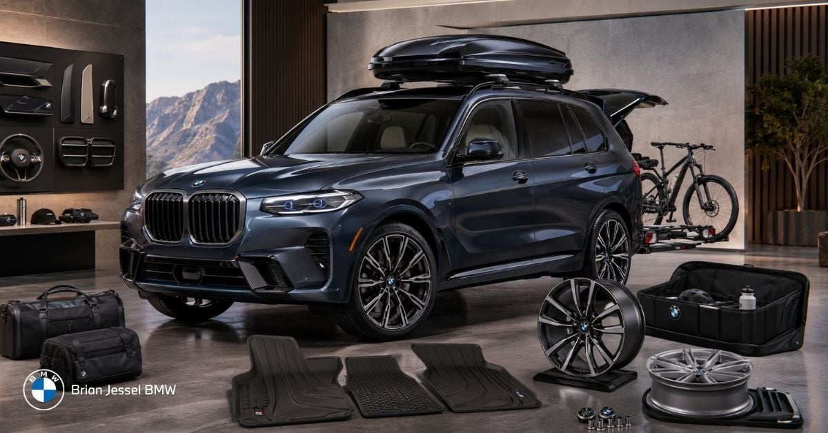 BMW SUV displayed with Original BMW Accessories including roof box, wheels, mats, and lifestyle gear in luxury showroom setting.