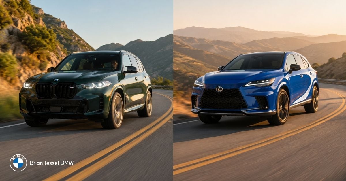 Green BMW X5 and blue Lexus RX driving on winding mountain roads in side-by-side driving experience comparison