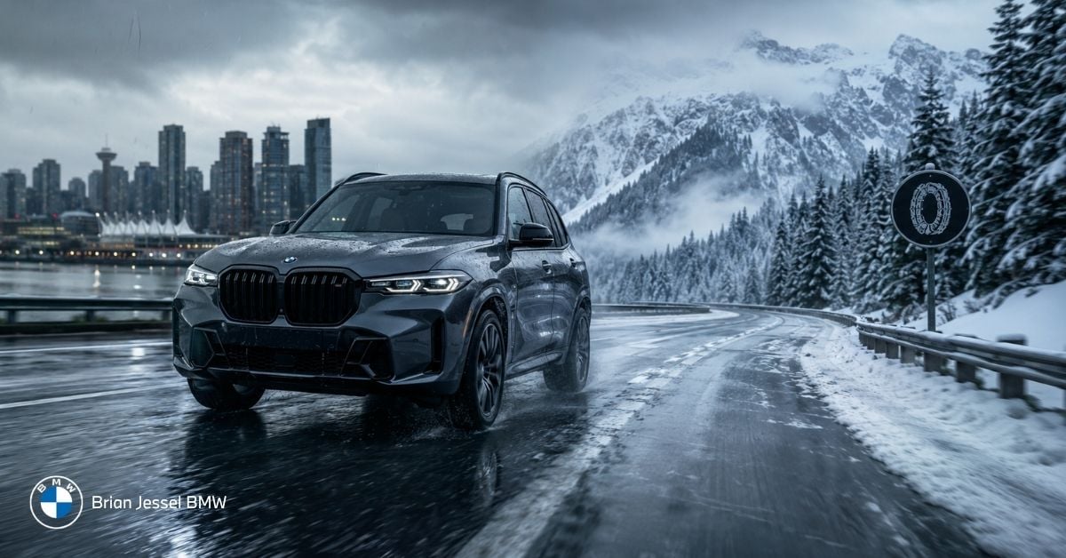 BMW SUV transitions from rainy Vancouver streets to snowy BC mountain highway, emphasizing winter tire regulation requirements.