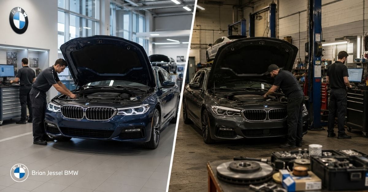 BMW dealership and independent repair shop comparison showing technicians servicing vehicles in contrasting professional automotive workshop environments.