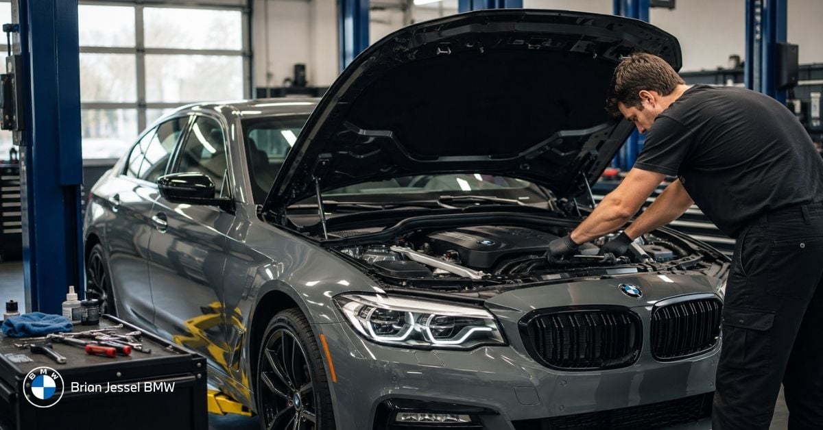 Independent mechanic servicing a BMW sedan in a professional workshop with open hood, emphasizing maintenance, inspections, and warranty documentation.