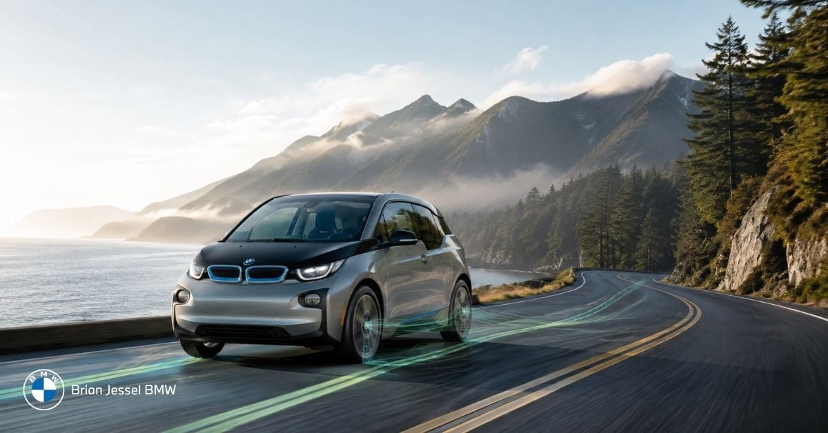 BMW i3 driving along scenic Canadian mountain road with glowing efficiency trails highlighting EV performance.