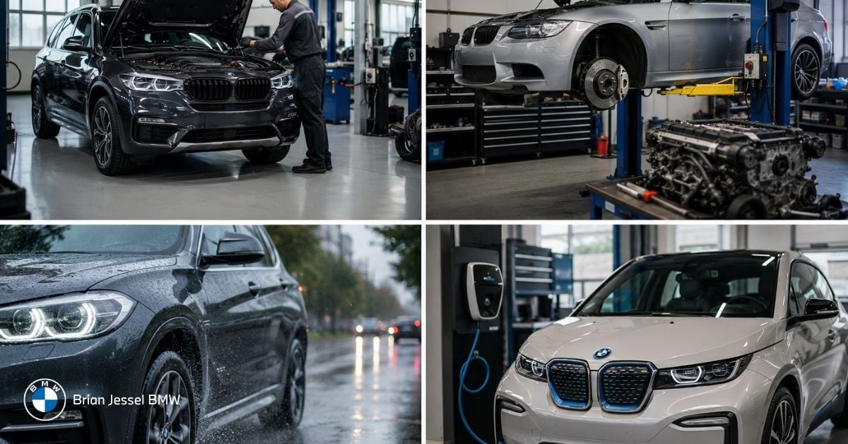 BMW dealership and independent service options featuring maintenance, rainy driving, performance repairs, and electric vehicle charging solutions.