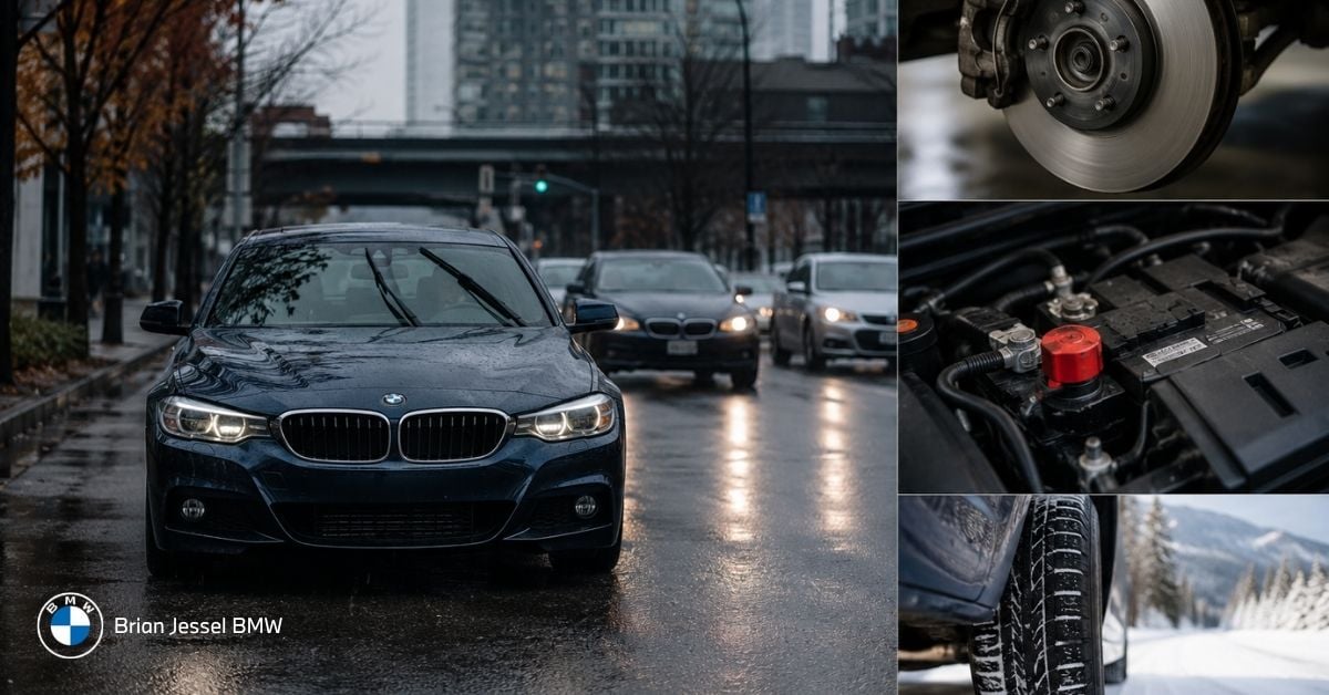 BMW drives wet Vancouver street with brake disc, battery and snow tire insets showing maintenance needs.