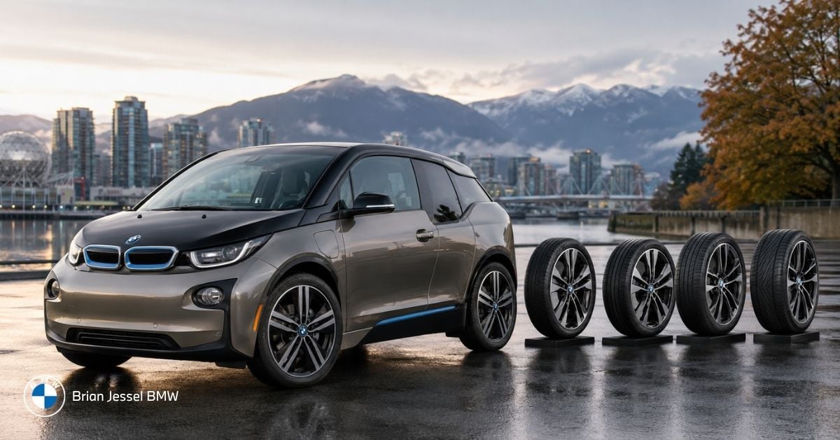 BMW i3 beside multiple tire and wheel configurations on wet Vancouver roadway with mountain skyline.