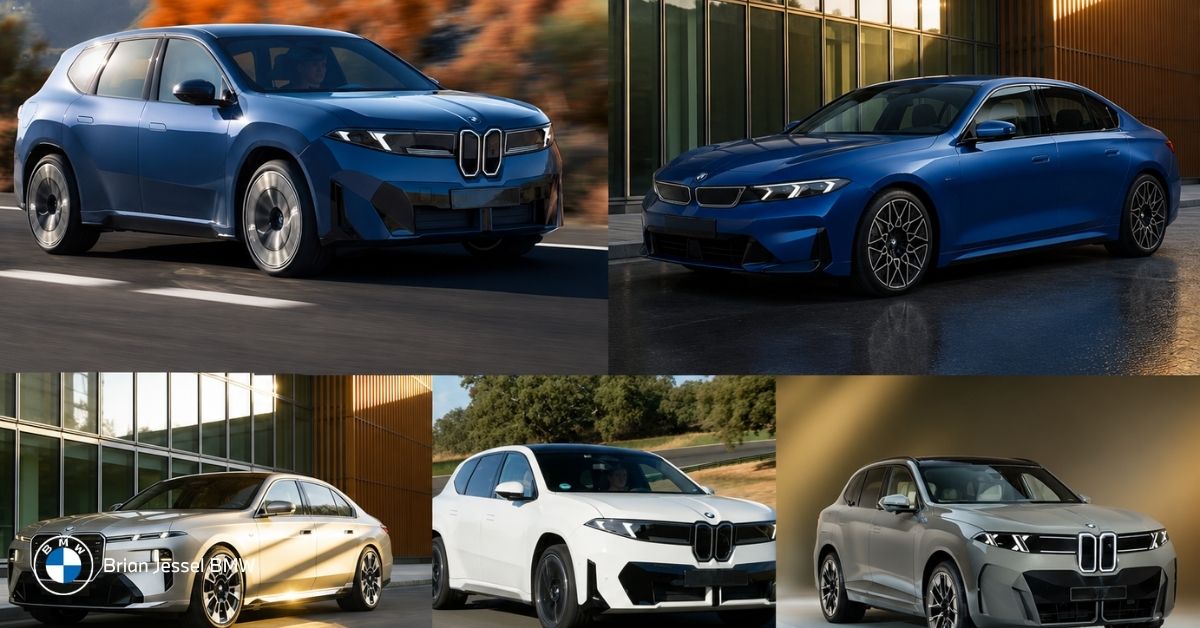 Collage showcasing 2027 BMW iX3, i3 Sedan, X5, and 7 Series previews in realistic premium automotive environments across Canada.