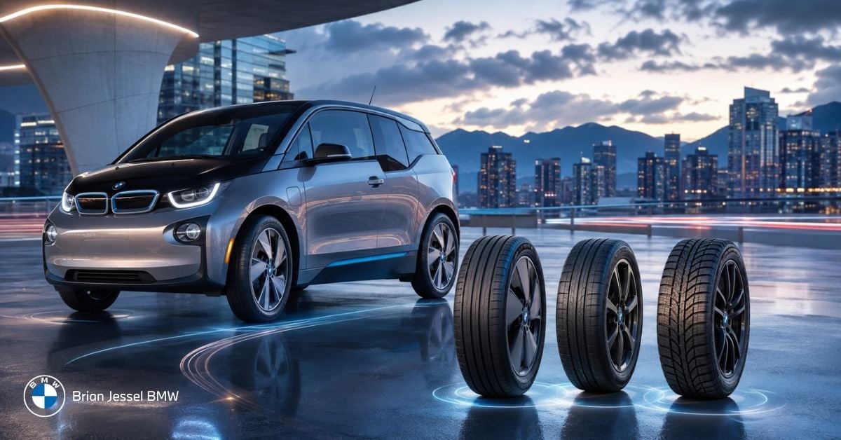 BMW i3 with narrow performance tires displayed against a futuristic Vancouver skyline, highlighting electric driving efficiency.