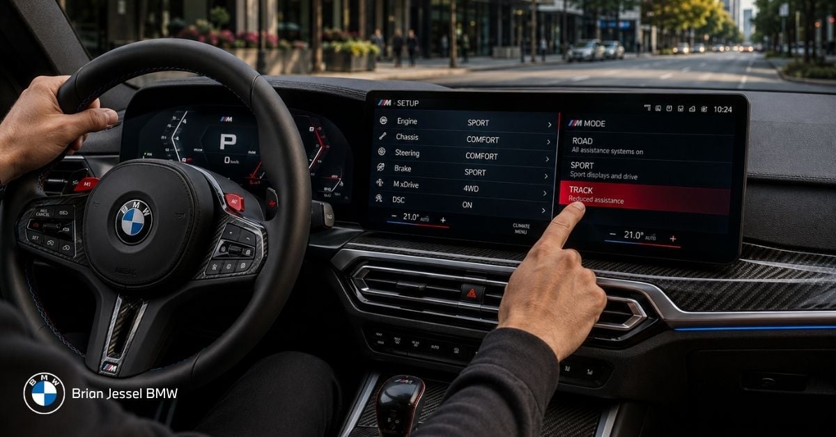 Driver adjusts BMW M Setup and M Mode settings on infotainment screen while parked downtown.