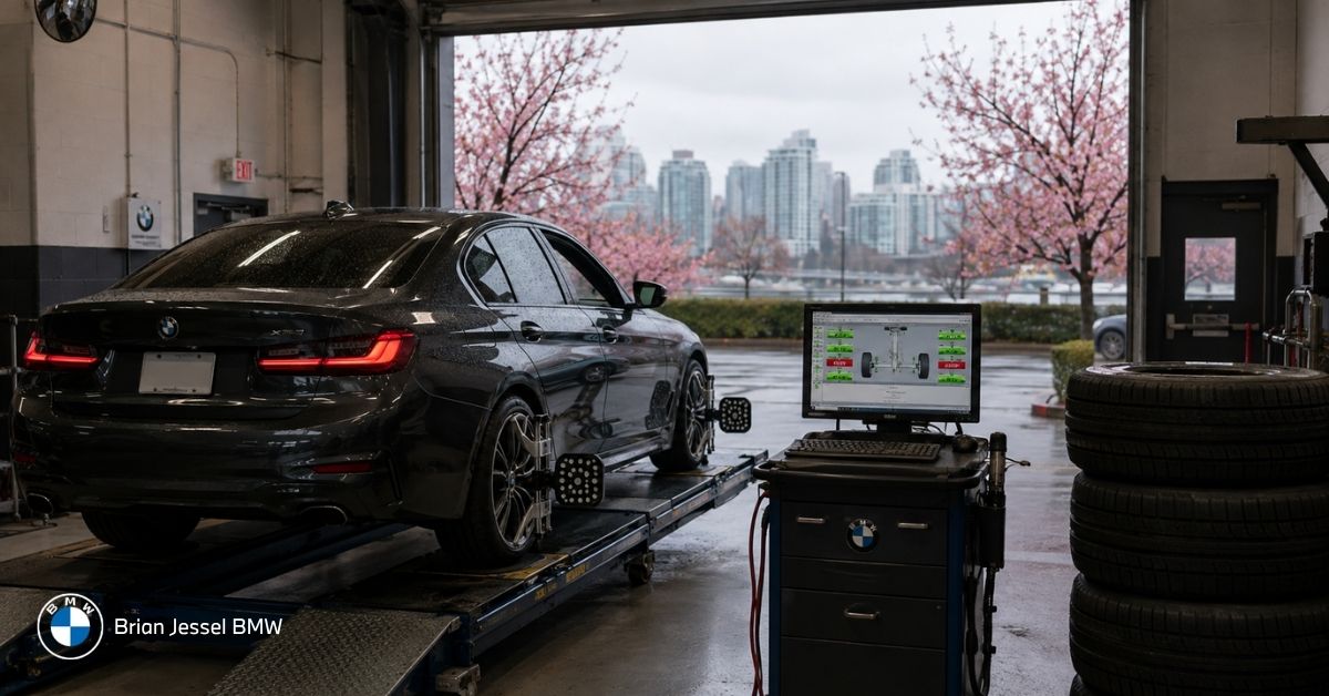 BMW sedan receives professional wheel alignment service in Vancouver during spring tire maintenance season inspection.