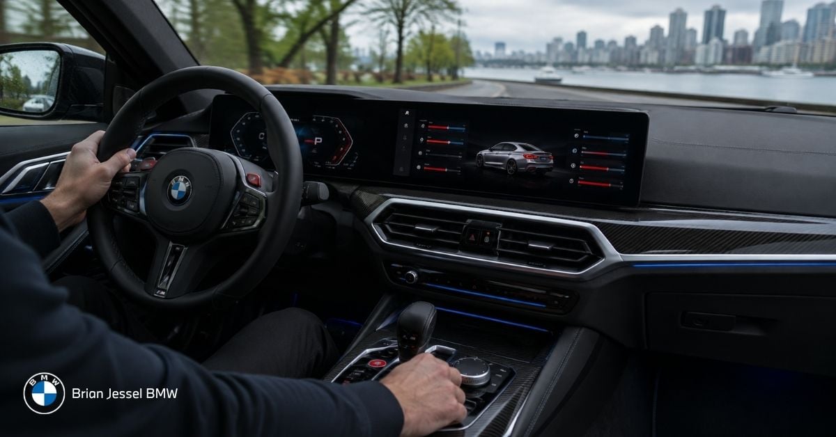 BMW M driver configures M Setup settings using touchscreen and iDrive controls inside performance cockpit.